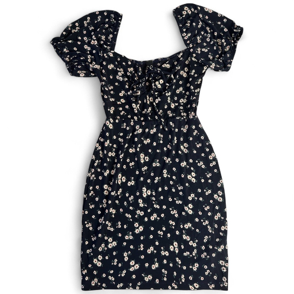 Windsor Navy Floral Mini Dress Small Puff Sleeve Tie Front Sweetheart Neck
